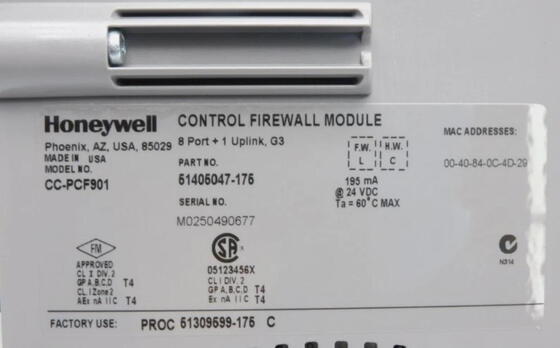 Honeywell CC-PCF901 Control Firewall-module met 24V DC-voeding voor netwerkbeveiliging en FTE-netwerkdistributie