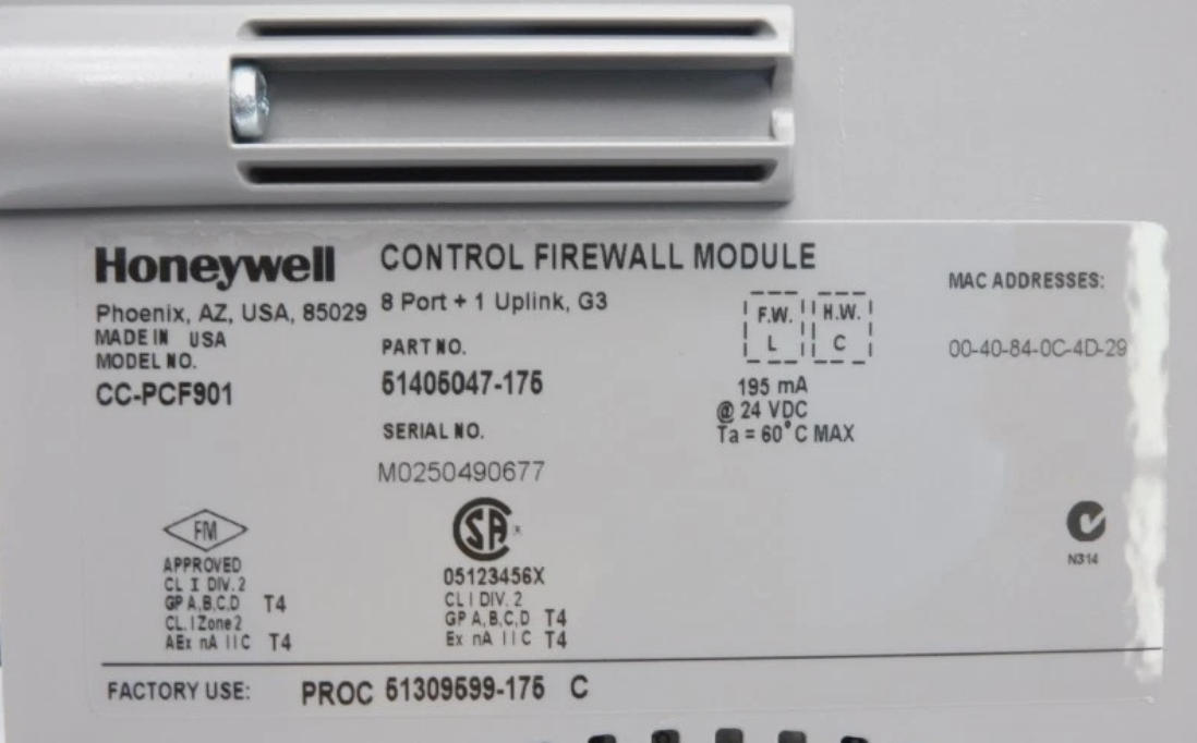 Honeywell CC-PCF901 Control Firewall-module met 24V DC-voeding voor netwerkbeveiliging en FTE-netwerkdistributie